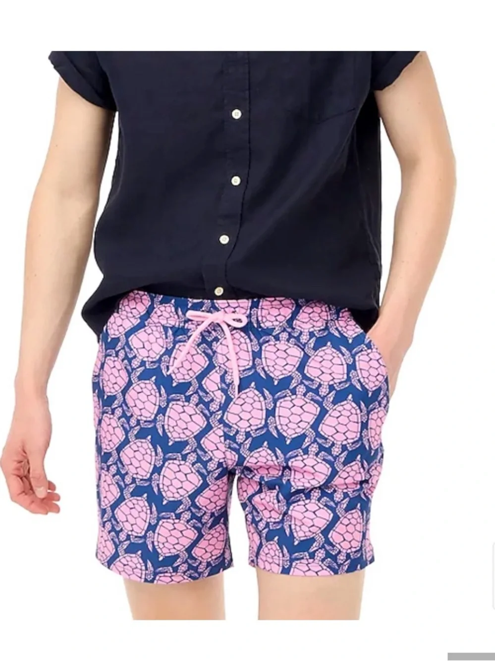J. Crew Men's Navy Blue Swim Trunks with Pink Turtle Print
